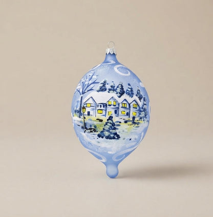 Light blue Christmas teardrop ornament with snowy village and moon, hand-painted