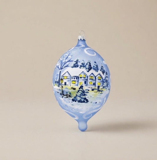Light blue Christmas teardrop ornament with snowy village and moon, hand-painted