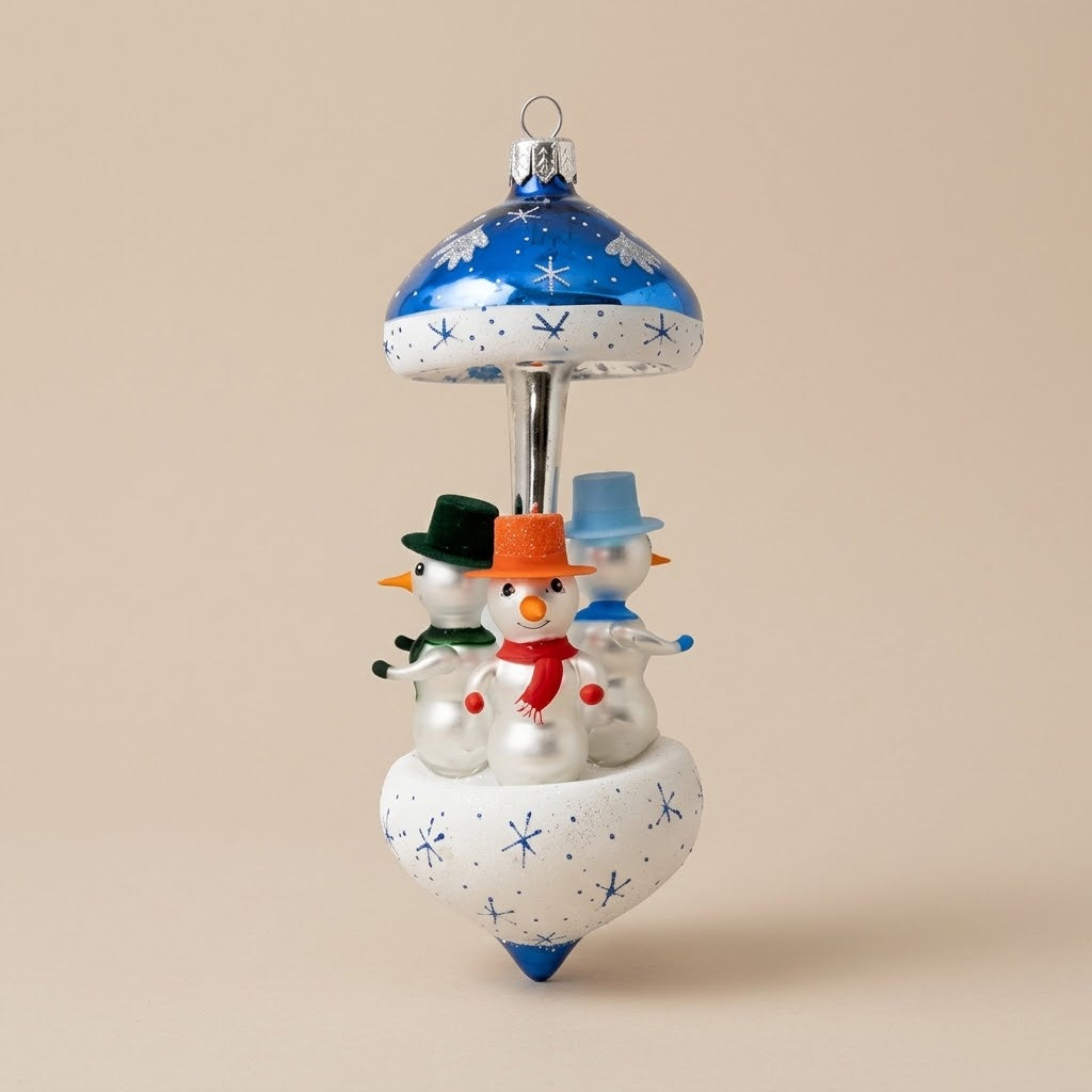 Christmas carousel ornament with three snowmen, hand-painted