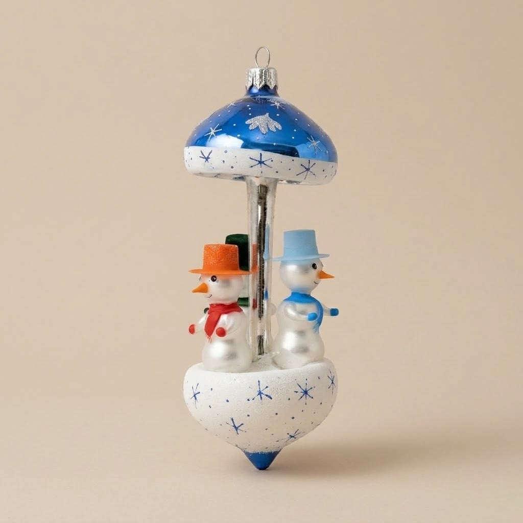Christmas carousel ornament with three snowmen, hand-painted: decoration detail