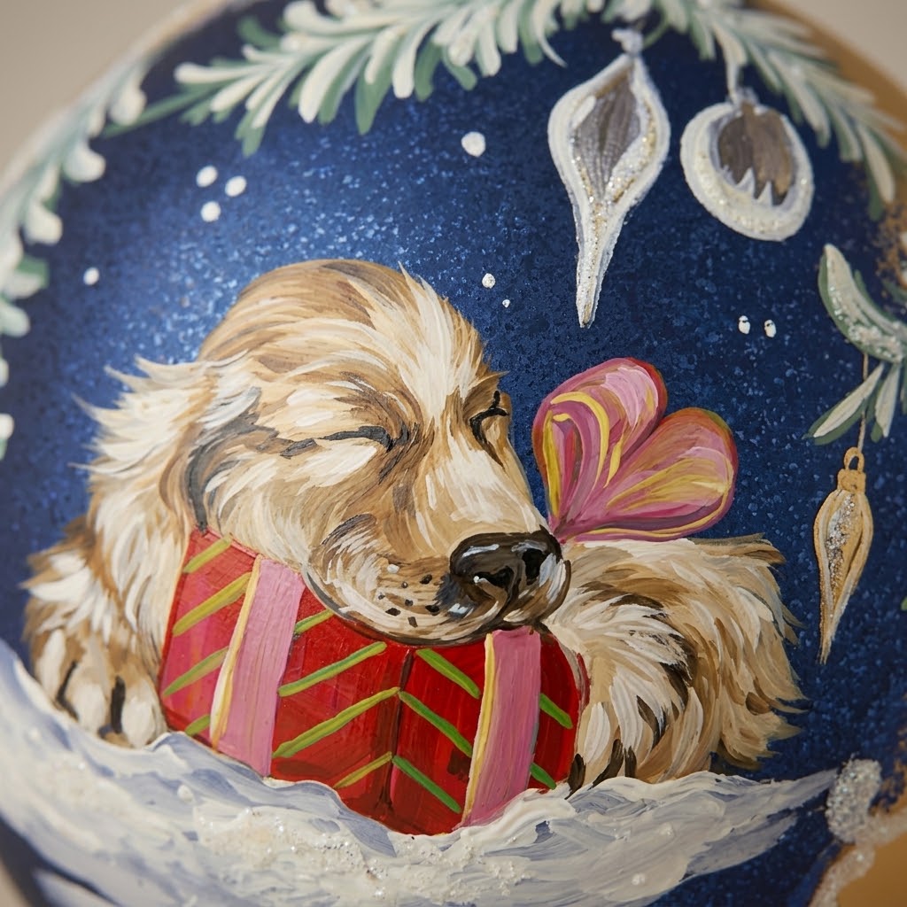 Dettaglio del decoro dipinto a pennello: cucciolo addormentato con pacco regalo