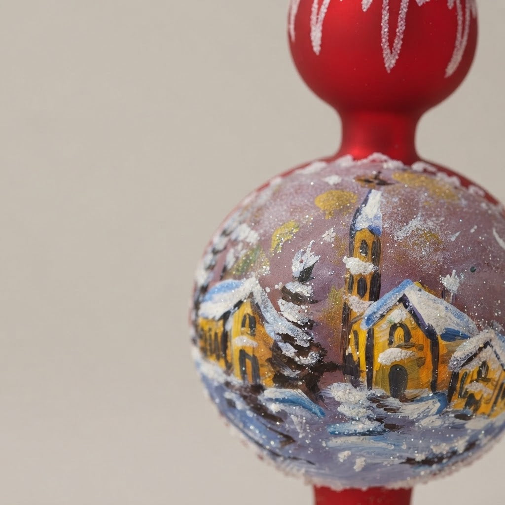 Puntale per albero di Natale villaggio su rosso dipinto a mano: dettaglio della decorazione