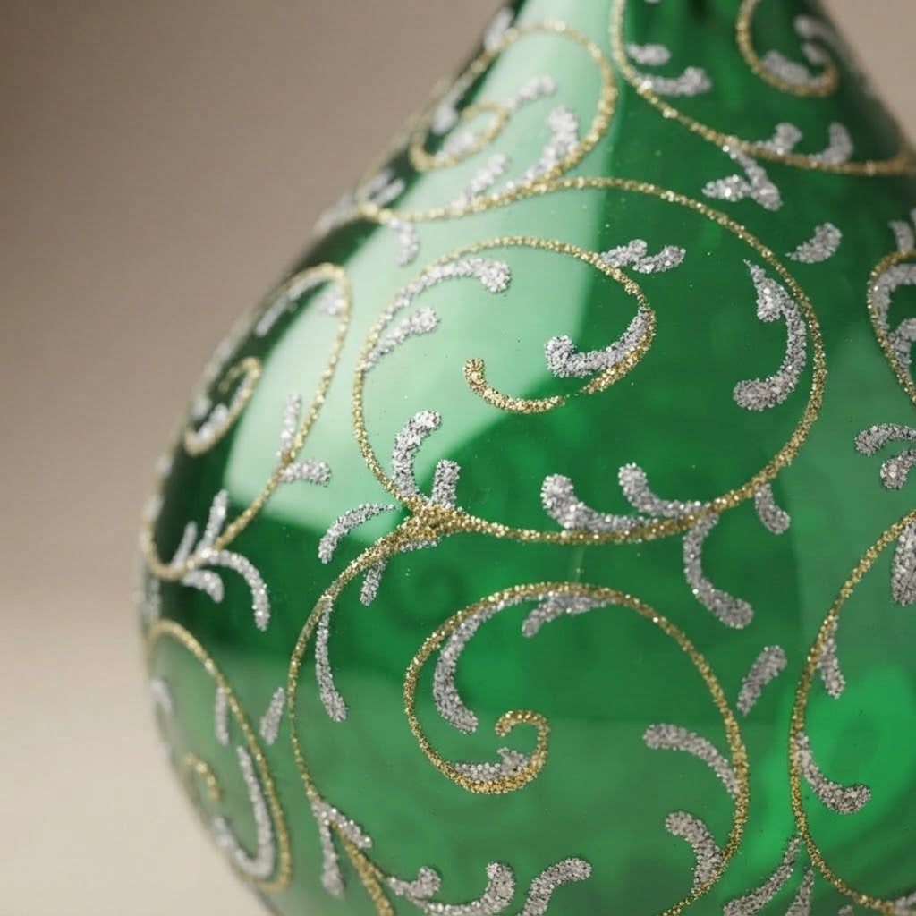 Christmas teardrop ornament with green arabesque, hand-painted: decoration detail
