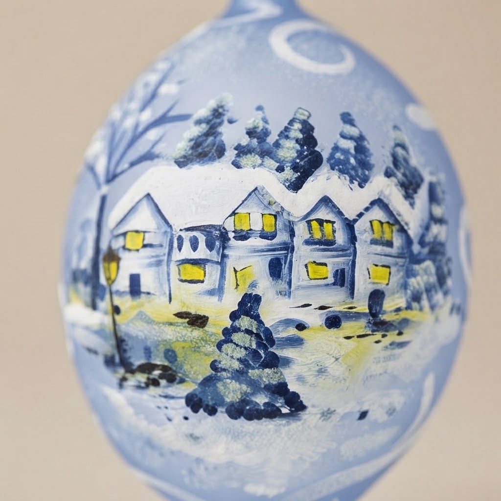 Detail of the brush-painted snowy village on the teardrop ornament