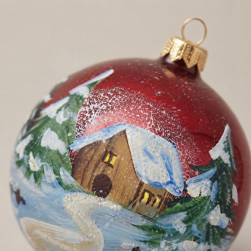 Brush-painted decoration detail: snowy cabin and path on red