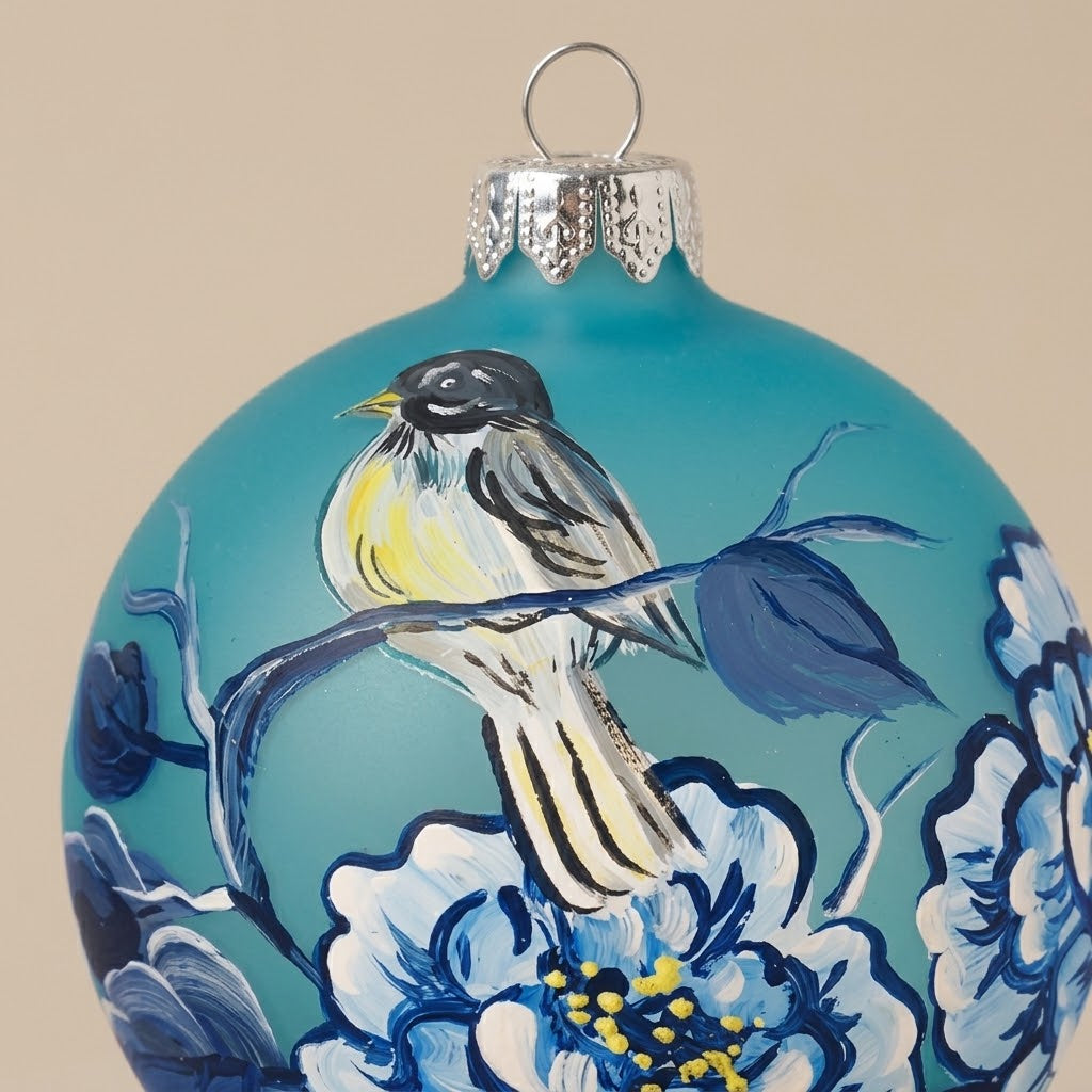 Dettaglio del decoro dipinto a pennello: uccellino e peonie blu su fondo turchese