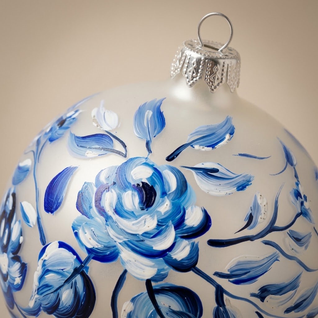 Dettaglio del decoro dipinto a pennello: rose blu su fondo bianco
