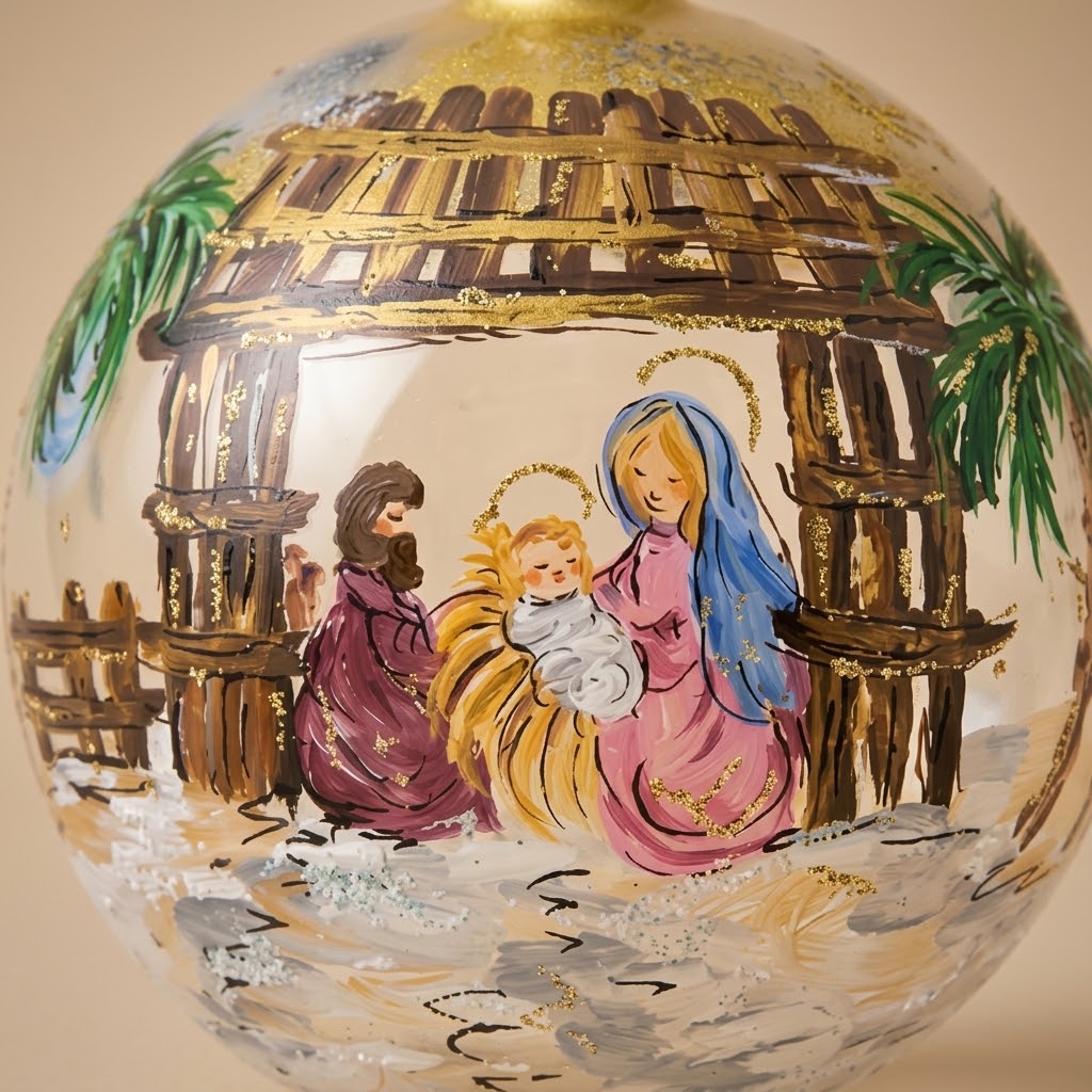 Dettaglio del decoro dipinto a pennello: Natività sotto la capanna