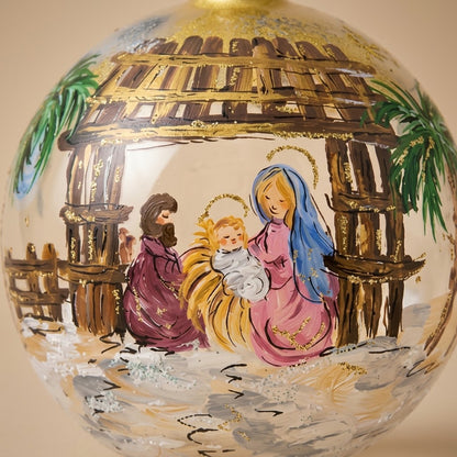 Dettaglio del decoro dipinto a pennello: Natività sotto la capanna