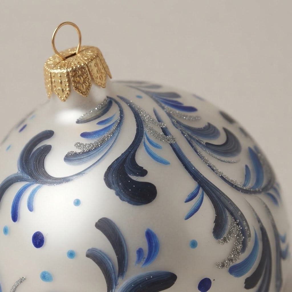 Dettaglio del decoro dipinto a pennello: stile maiolica, volute blu su fondo bianco