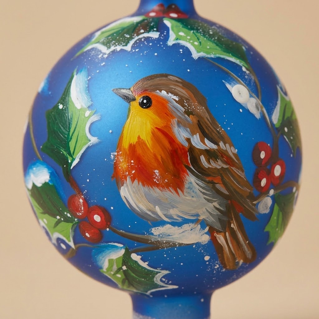 Puntale per albero di Natale pettirosso su blu dipinto a mano: dettaglio della decorazione