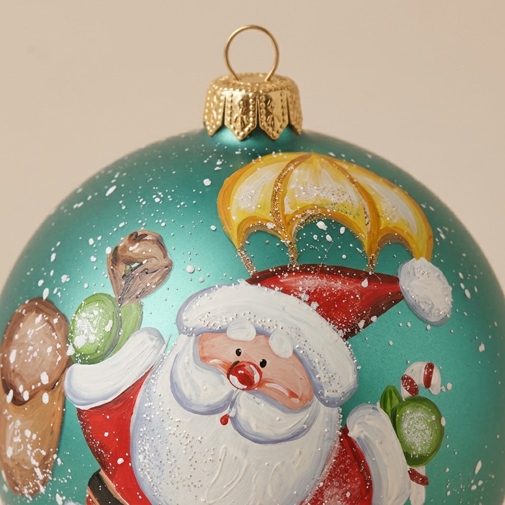 Dettaglio del decoro dipinto a pennello: Babbo Natale col paracadute su turchese