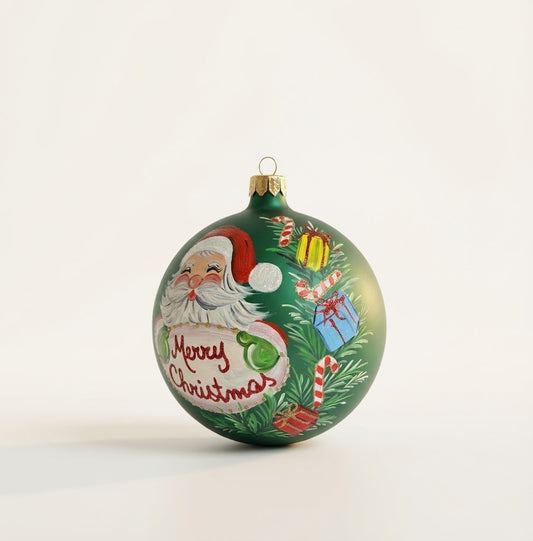 Sfera in vetro soffiato Ø 150 mm dipinta a mano con Babbo Natale e scritta Merry Christmas