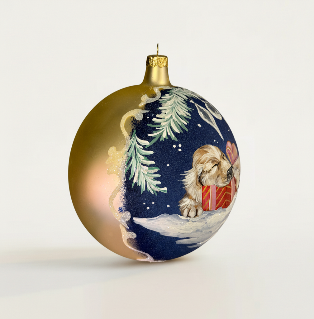 Sfera in vetro soffiato Ø 150 mm dipinta a mano con cucciolo di cane e decori natalizi