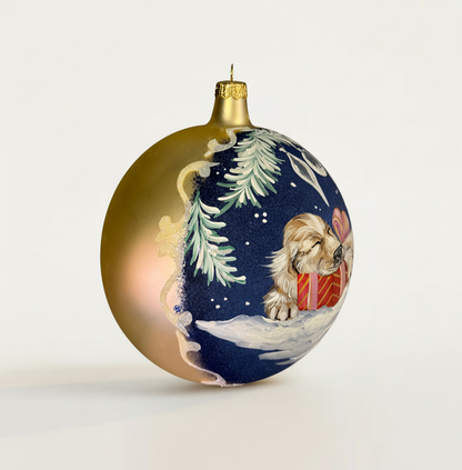 Sfera in vetro soffiato Ø 150 mm dipinta a mano con cucciolo di cane e decori natalizi