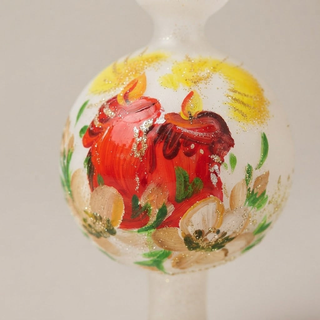 Christmas tree topper with candles on white, hand-painted: decoration detail