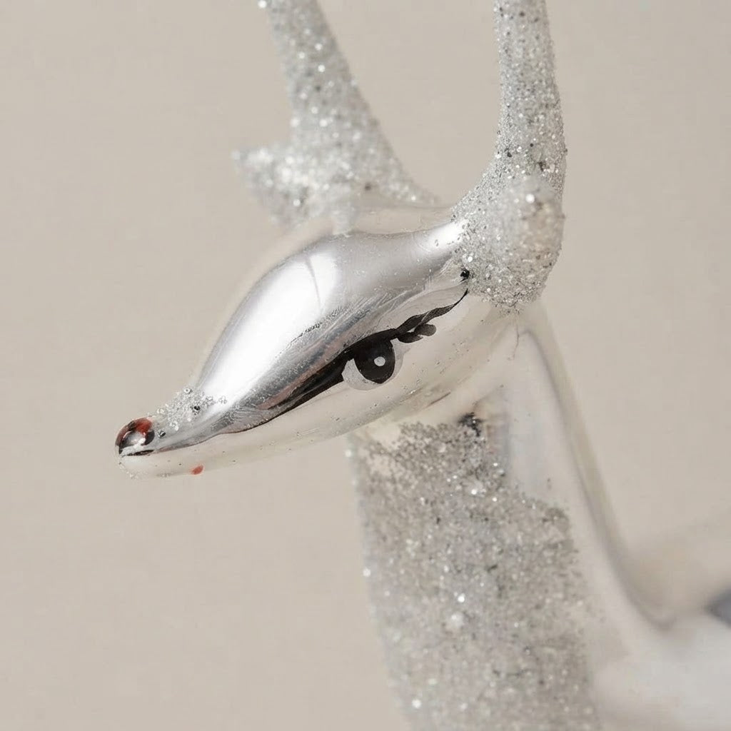 Iridescent silver reindeer, hand-painted Christmas ornament: another view