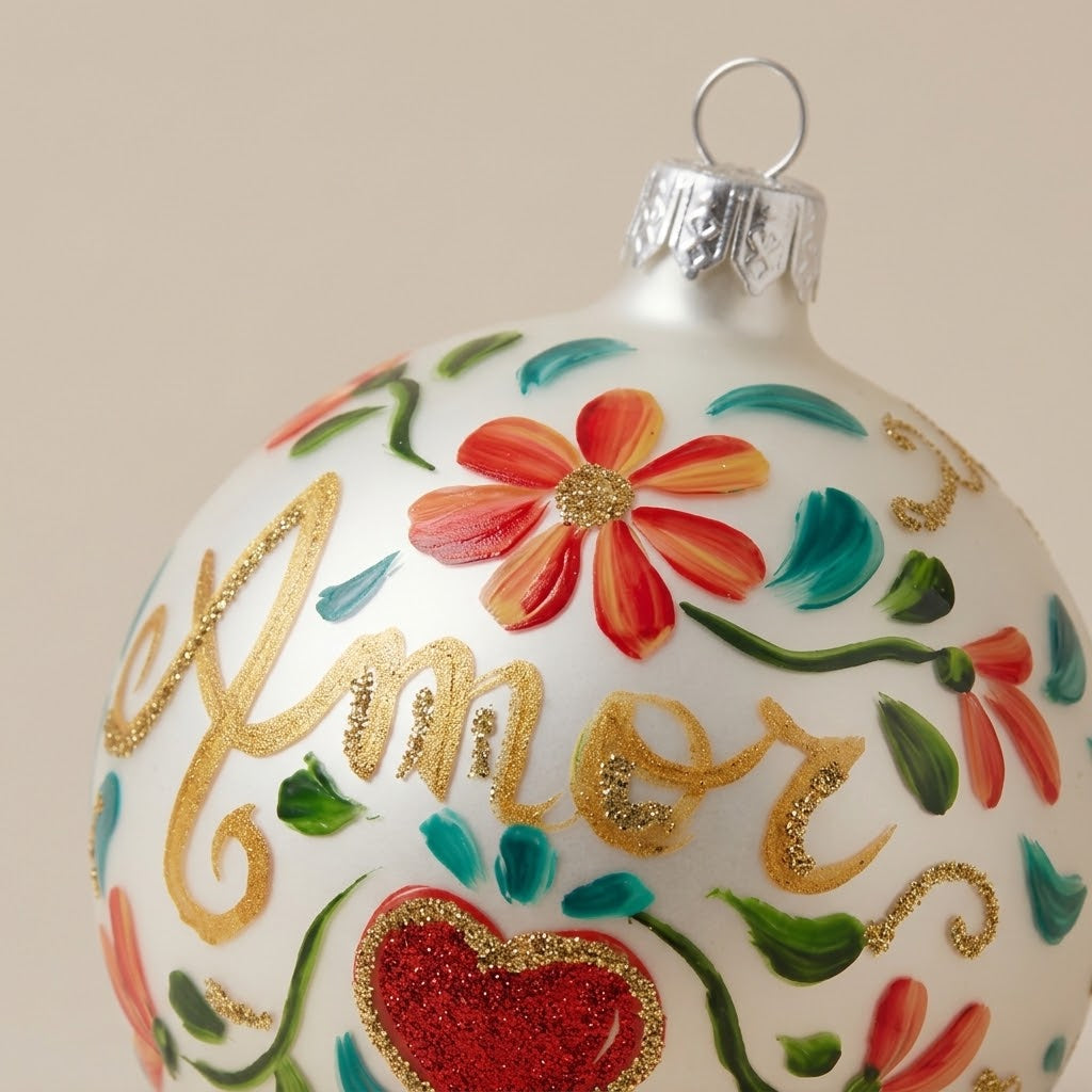 Dettaglio del decoro dipinto a pennello: scritta Amor, cuore e fiori