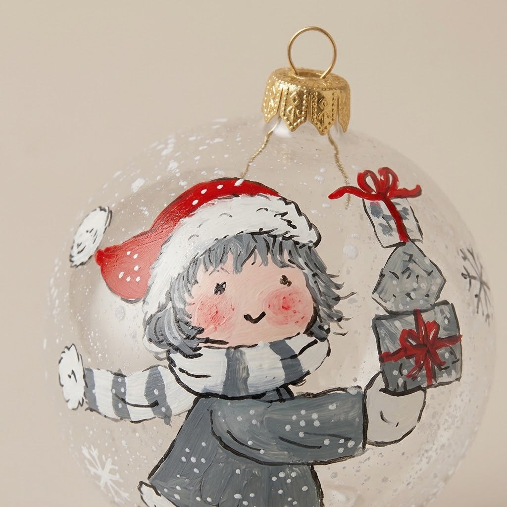 Dettaglio del decoro dipinto a pennello: bambina con pacco regalo su vetro trasparente