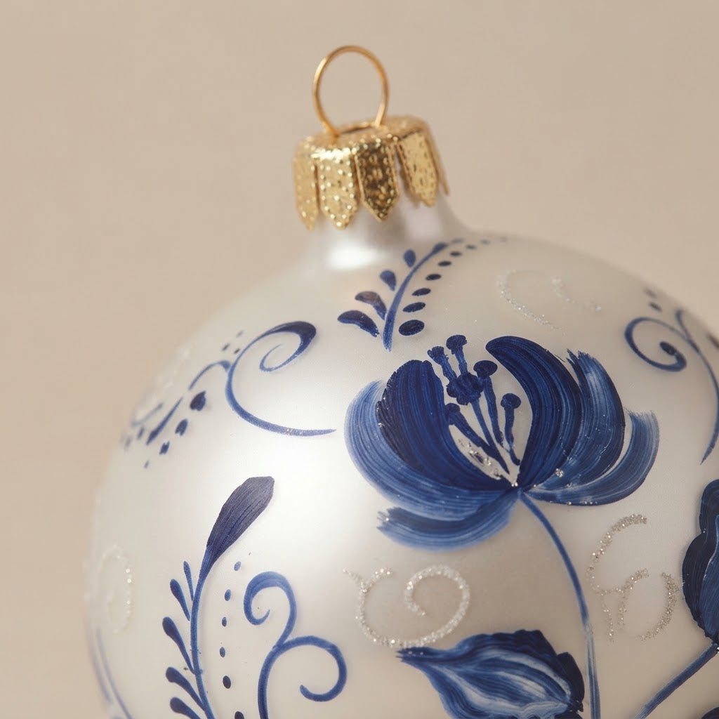 Brush-painted decoration detail: majolica style, blue flower and leaves on white
