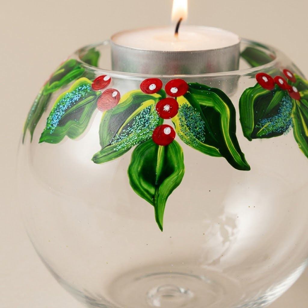 Portacandele di Natale pungitopo dipinto a mano: dettaglio della decorazione