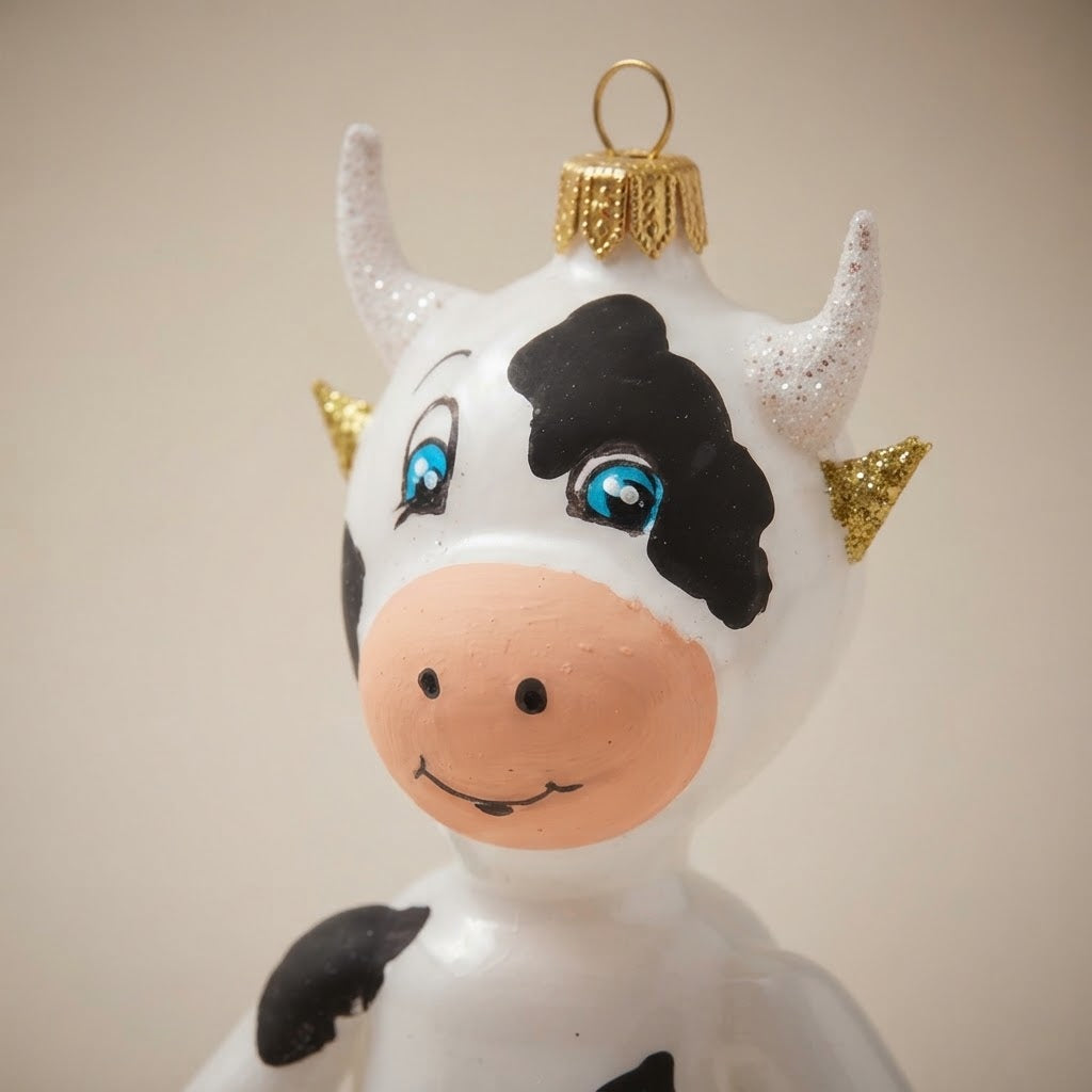 Black and white cow, hand-painted Christmas ornament: decoration detail