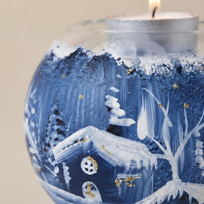 Christmas tealight holder with night landscape, hand-painted: decoration detail