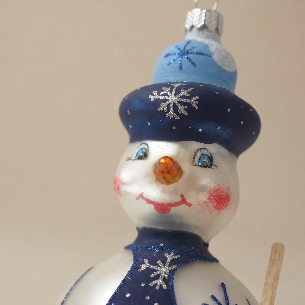Snowman with blue tie, hand-painted Christmas ornament: another view