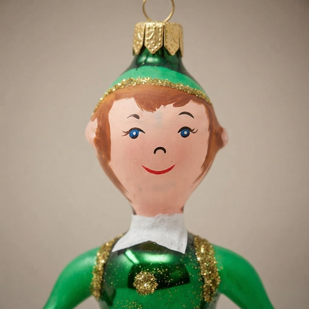 Green elf, hand-painted Christmas ornament: another view