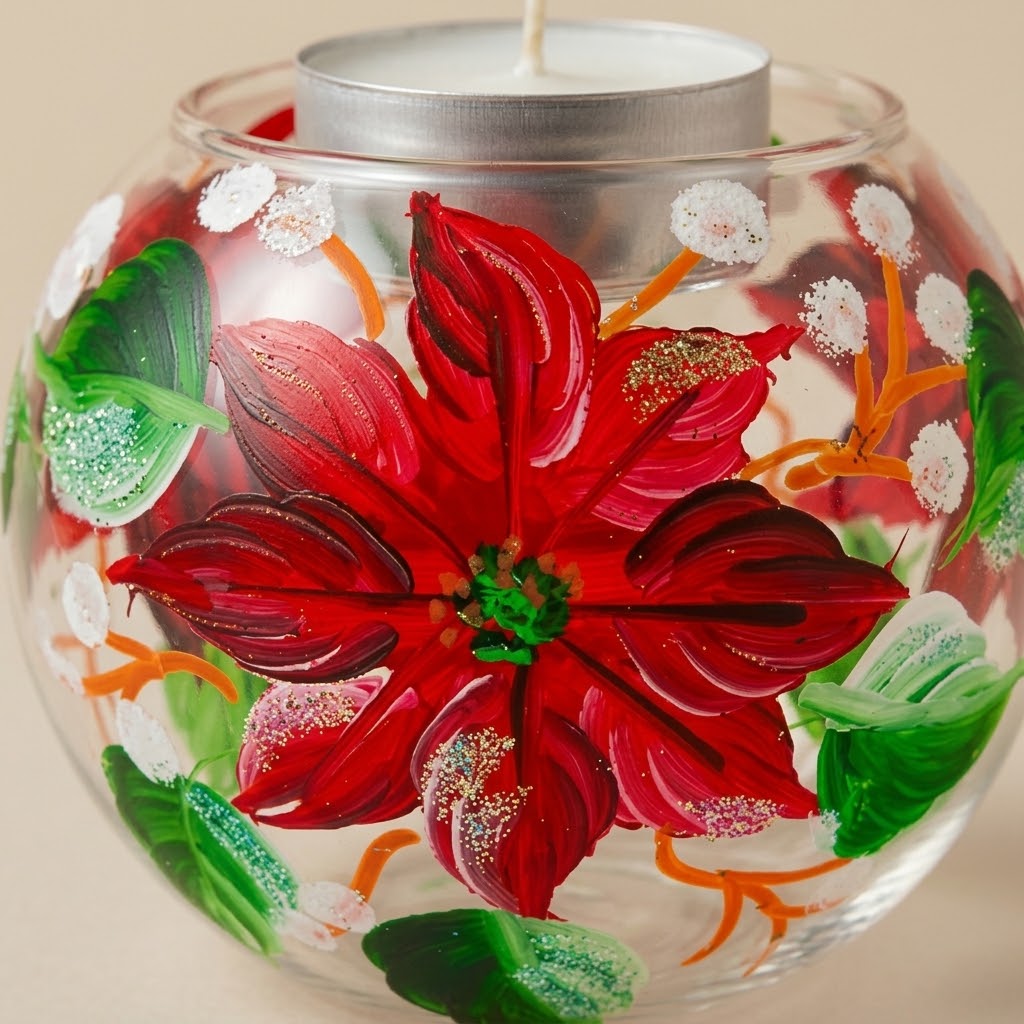 Portacandele di Natale con stella di Natale dipinto a mano: dettaglio della decorazione