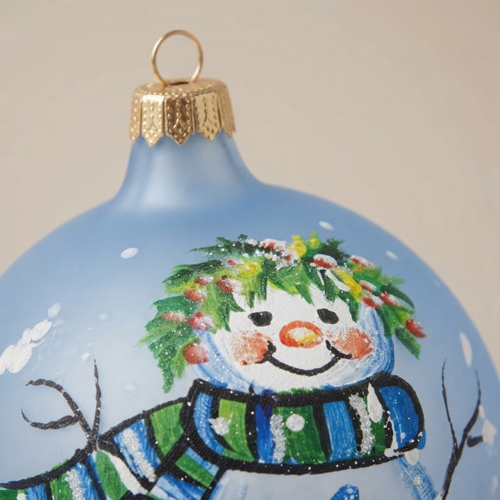 Dettaglio del decoro dipinto a pennello: pupazzo di neve con sciarpa a righe su fondo azzurro