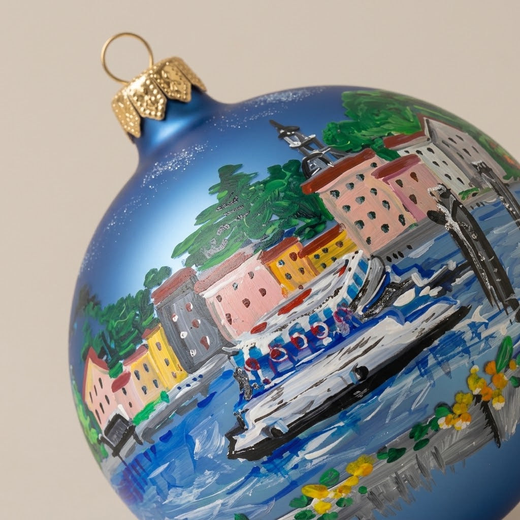 Dettaglio del decoro dipinto a pennello: Bellagio e traghetto su fondo blu