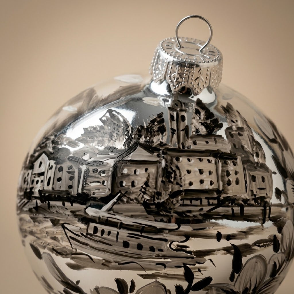 Brush-painted decoration detail: black and white view of Bellagio on silver