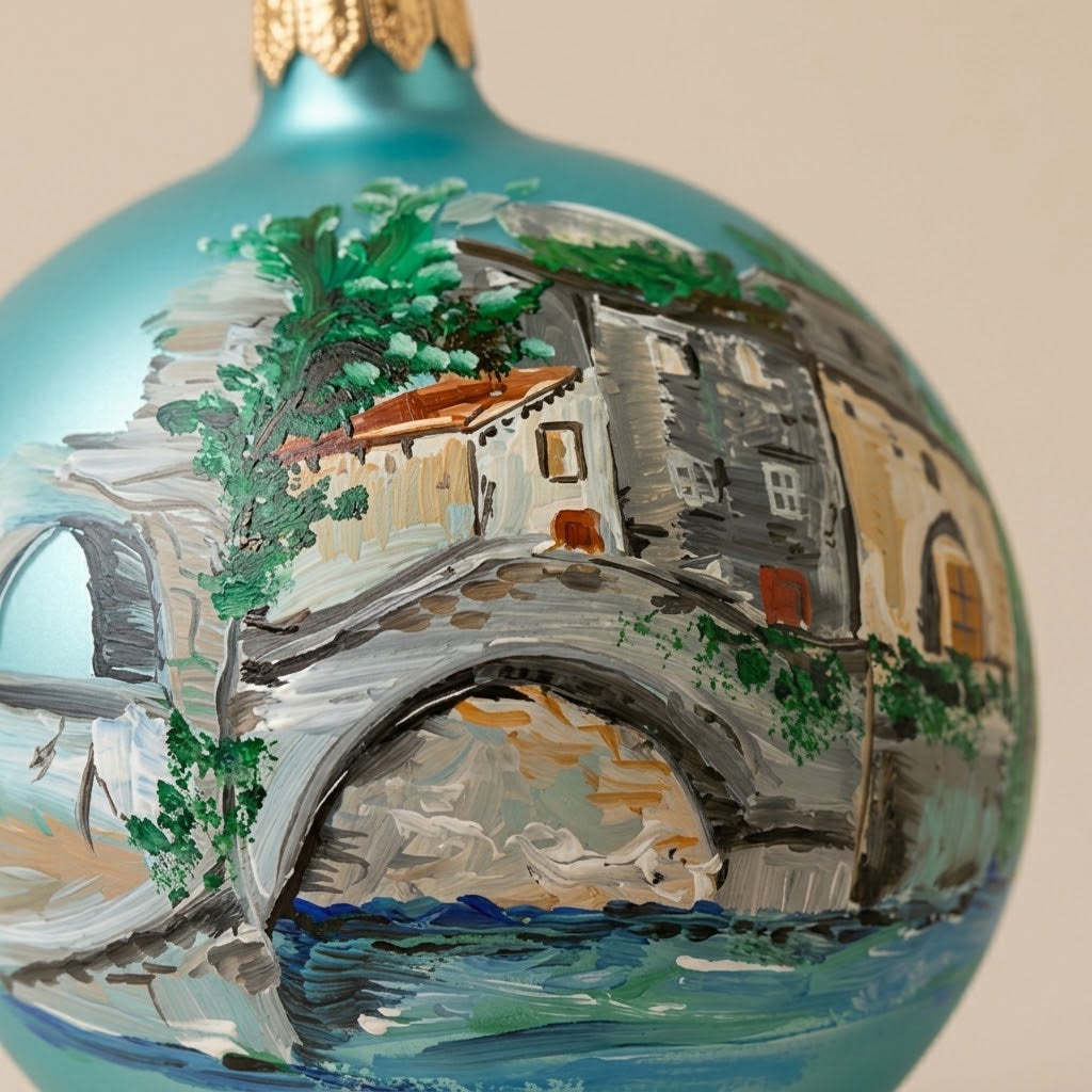 Dettaglio del decoro dipinto a pennello: ponte in pietra su fondo turchese
