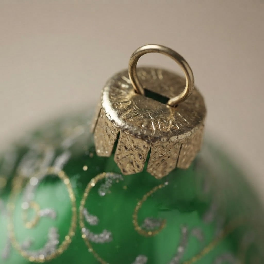 Christmas teardrop ornament with green arabesque, hand-painted: another view