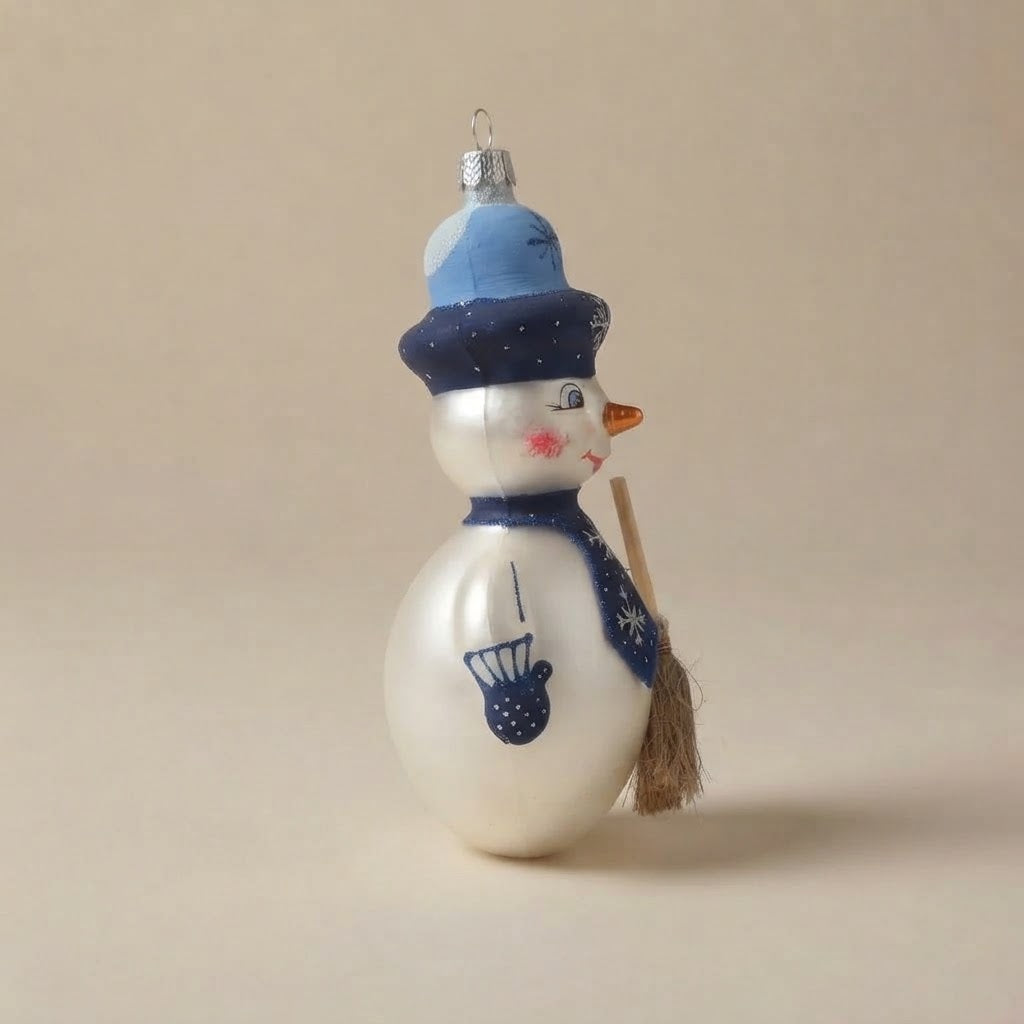 Snowman with blue tie, hand-painted Christmas ornament: decoration detail
