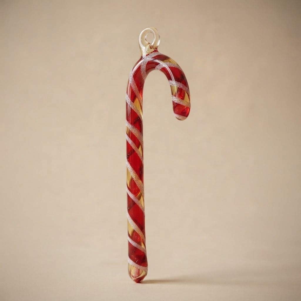 Christmas candy cane in hand-decorated glass: another view