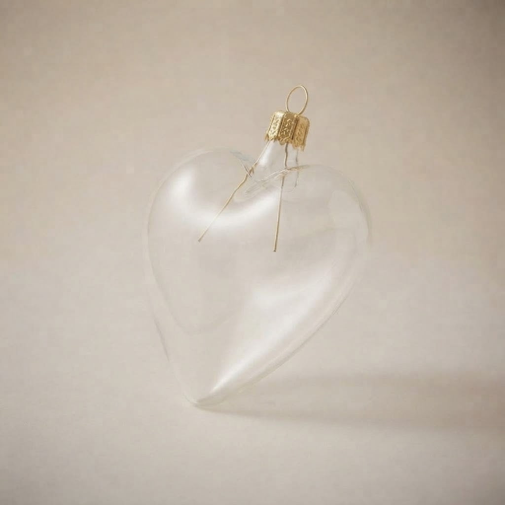 Clear glass hanging heart with gift box: detail