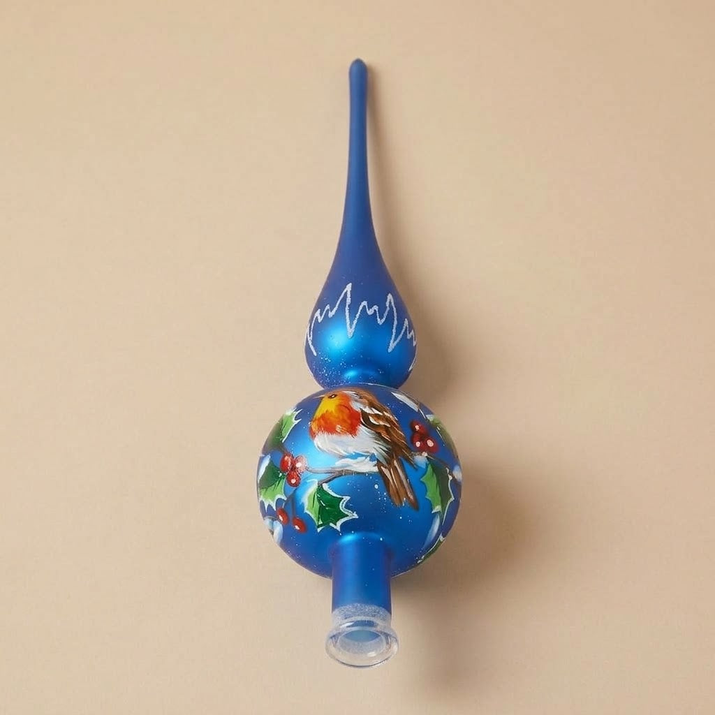 Puntale per albero di Natale pettirosso su blu dipinto a mano: un'altra vista
