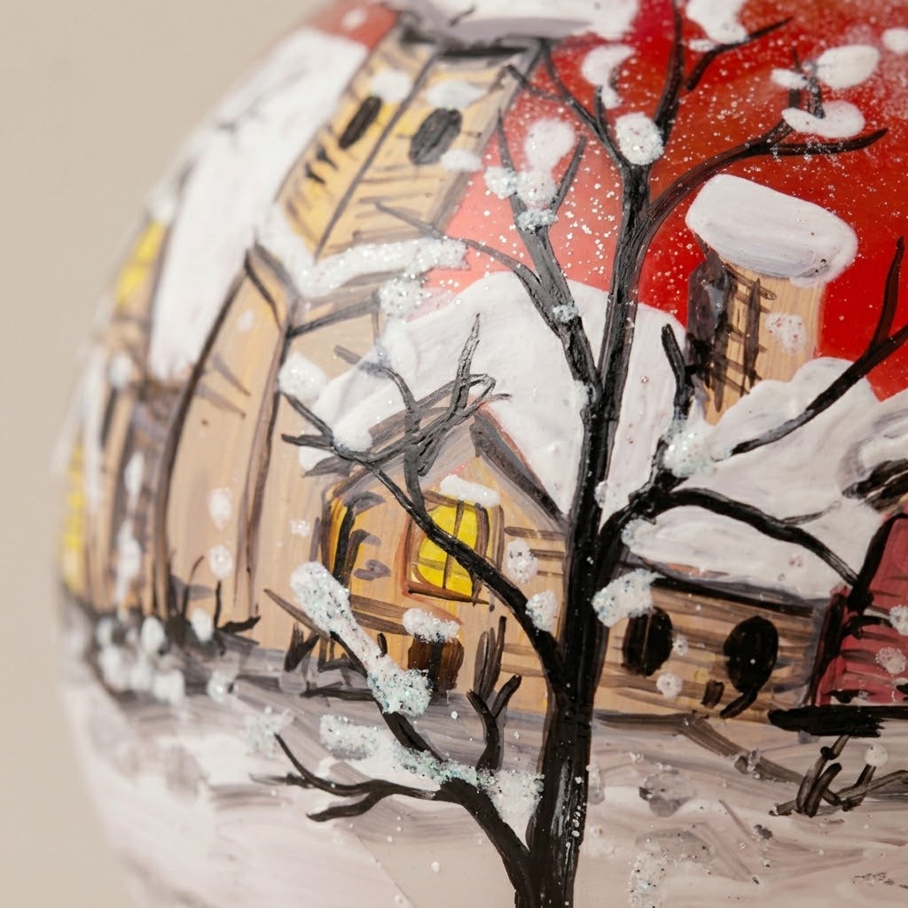 Dettaglio del decoro dipinto a pennello: villaggio innevato su fondo bianco e rosso
