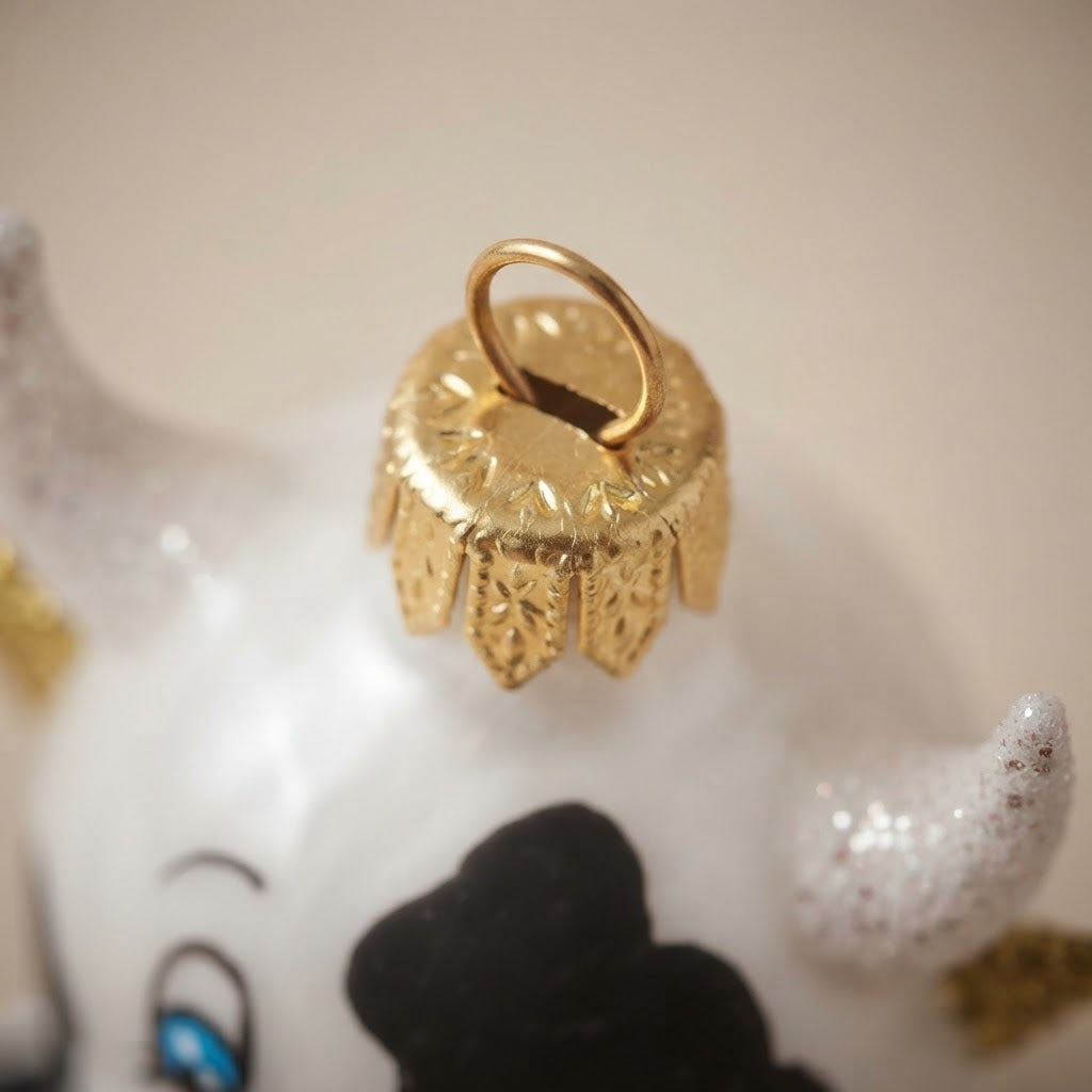 Black and white cow, hand-painted Christmas ornament: another view