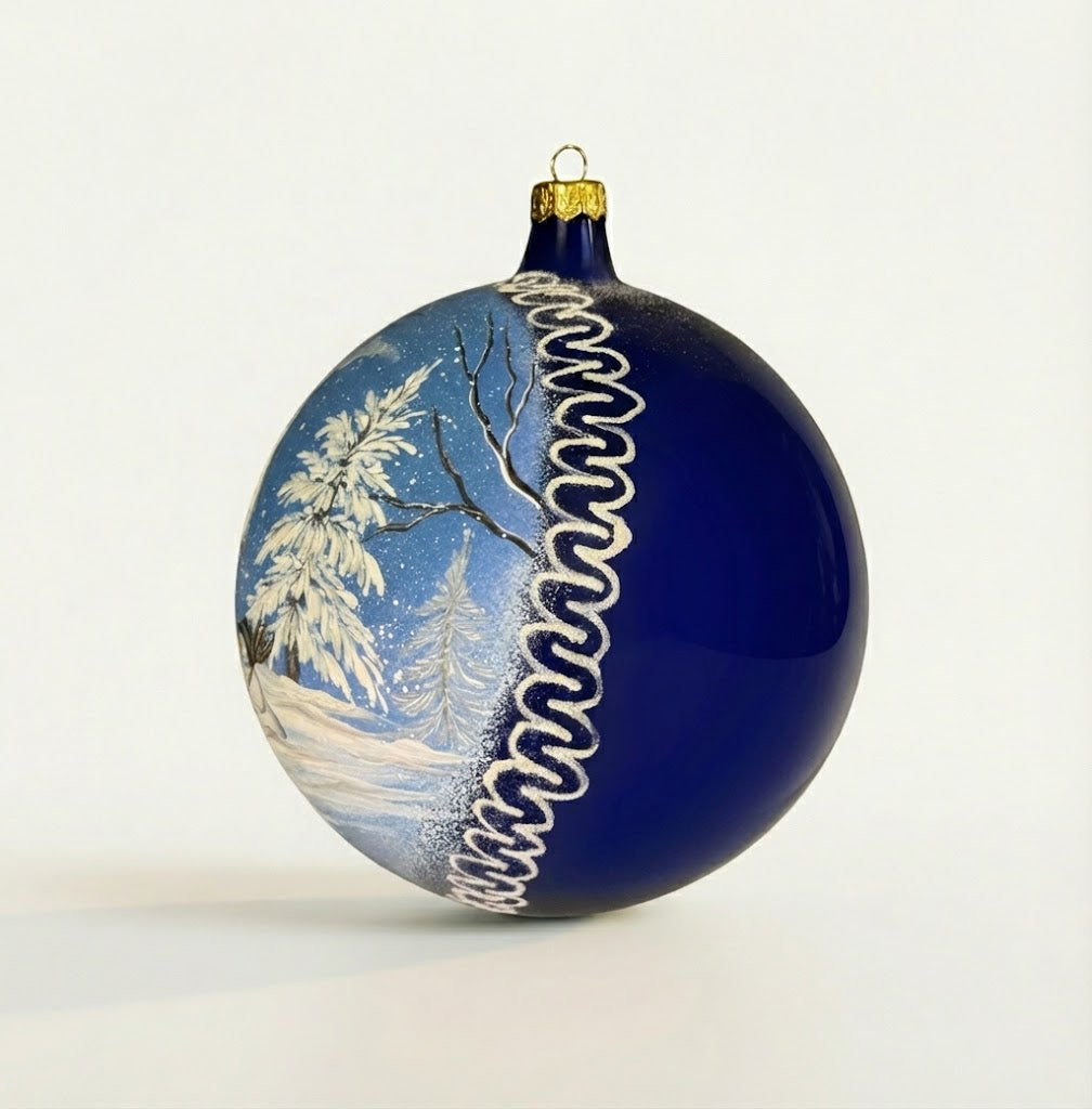 Hand-painted blown glass sphere Ø 150 mm with a snowy house