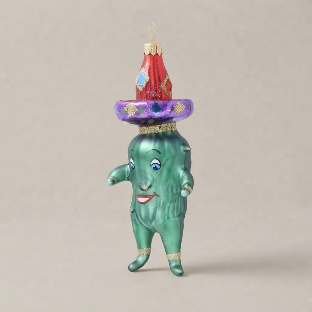 Cactus messicano con sombrero, decorazione di Natale dipinta a mano: un'altra vista