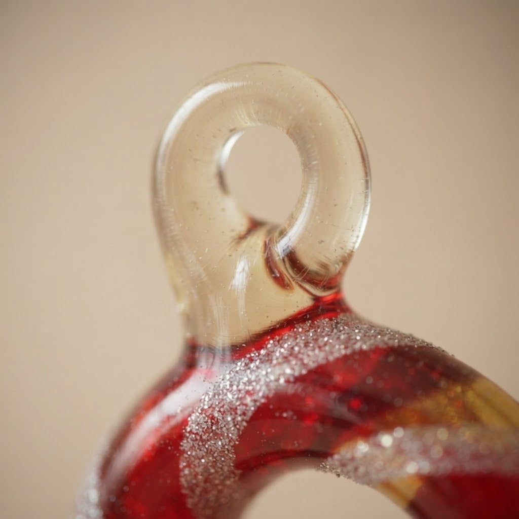 Christmas candy cane in hand-decorated glass: another view