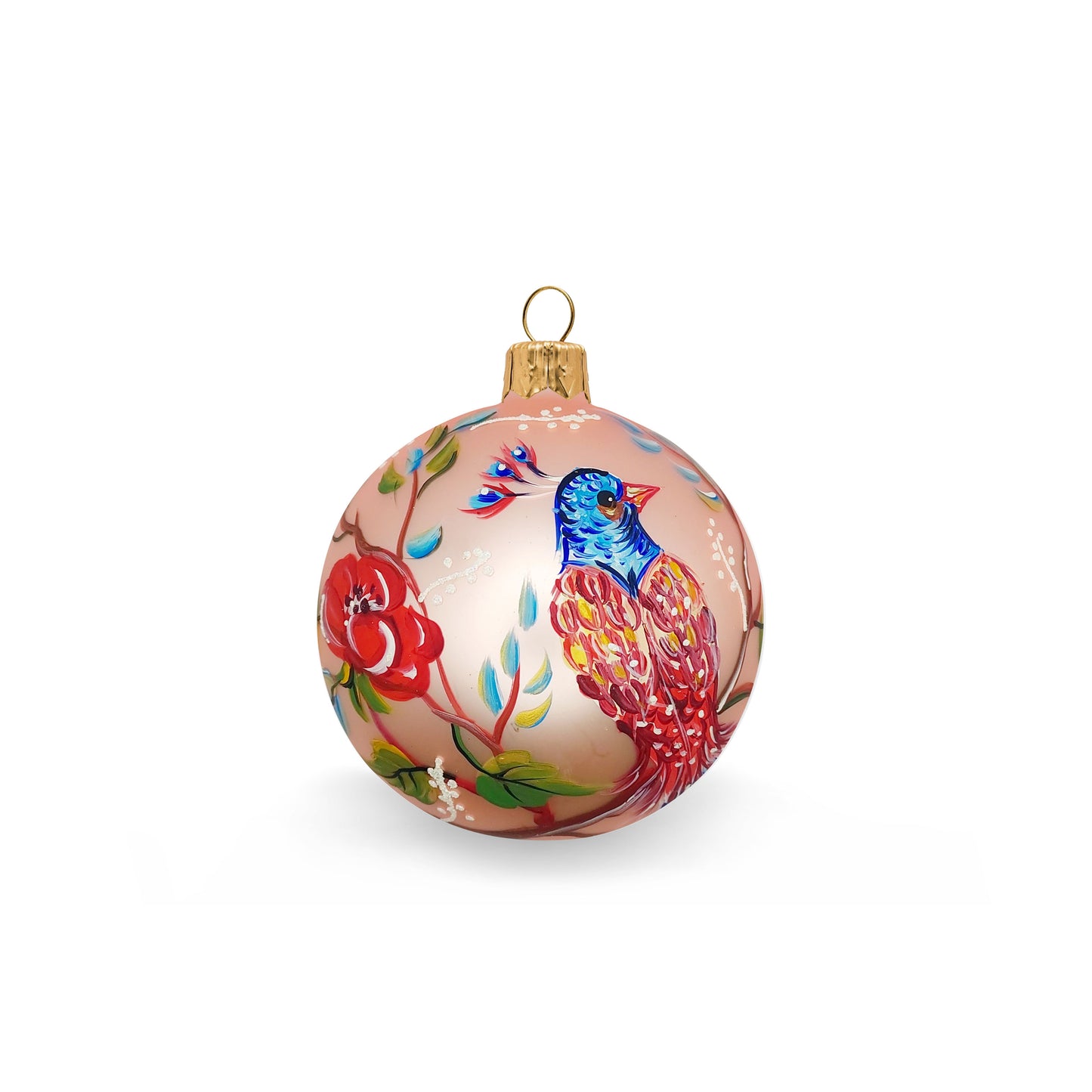 Multicolored bird ball and flowers on pink