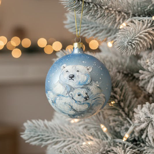 Hand-painted blown glass sphere Ø 100 mm with polar bears on an ice blue background