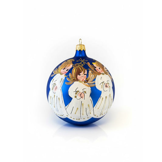 Hand-painted blown glass sphere Ø 100 mm with three little angels on a midnight blue background