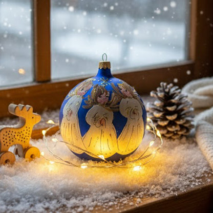 Sfera in vetro soffiato Ø 100 mm dipinta a mano con tre angioletti su fondo blu notte