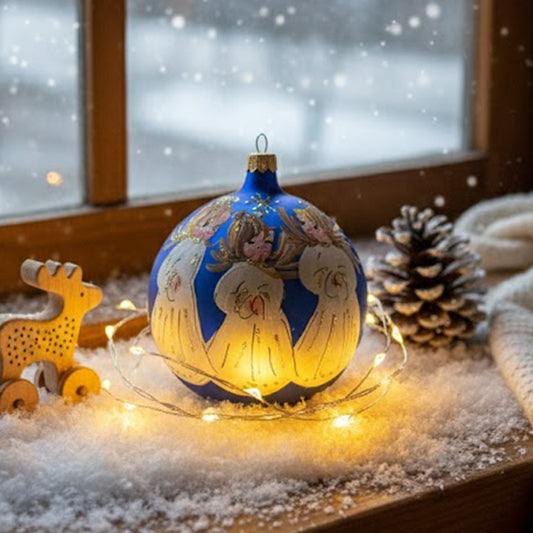 Hand-painted blown glass sphere Ø 100 mm with three little angels on a midnight blue background