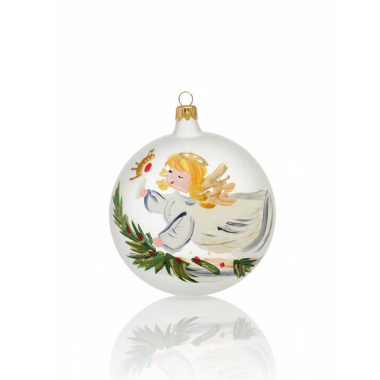 Hand-painted blown glass sphere Ø 100 mm with angel on a pearl white background